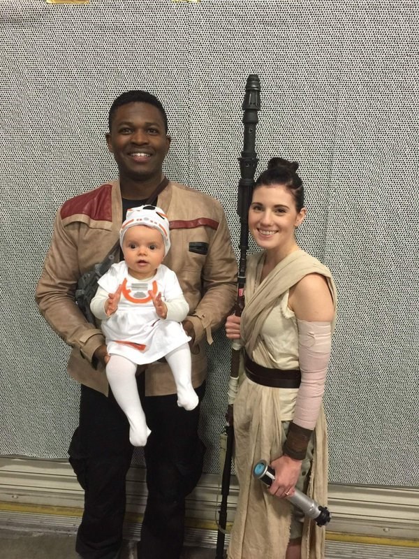 star wars cosplay finn rey and baby bb 8