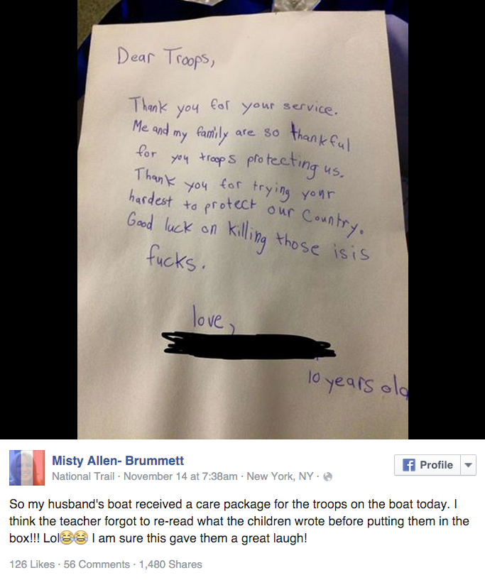 win little boy's letter to troops doesn't f-ck around