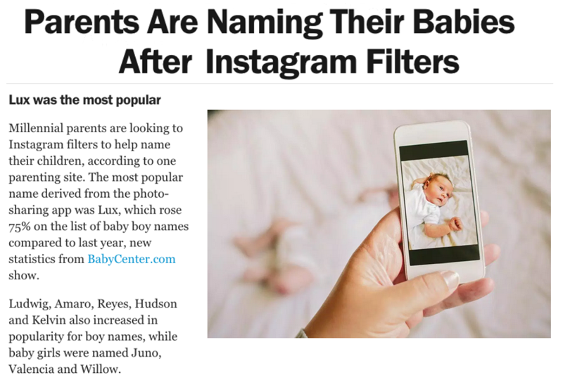 2015 baby names list is out and people are naming their baby's after instagram filters