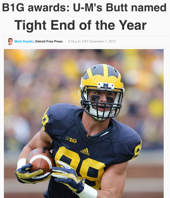 funny fail images UM football player Butt wins tight end award headline