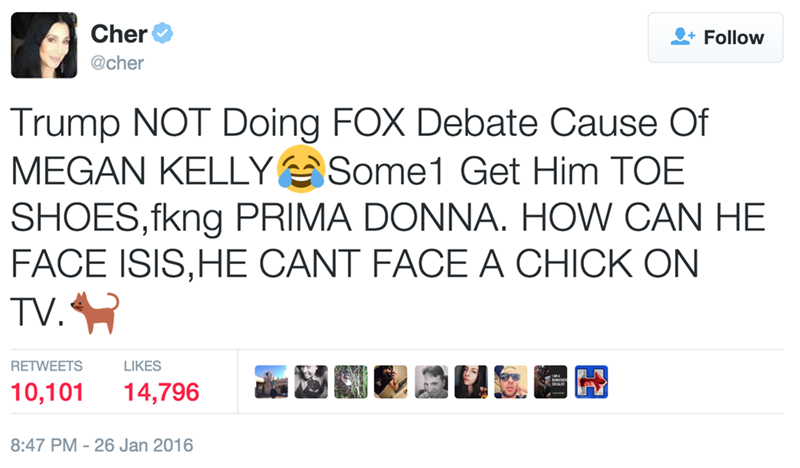 funny twitter Cher slays Donald Trump over pulling out of GOP Debate on Fox