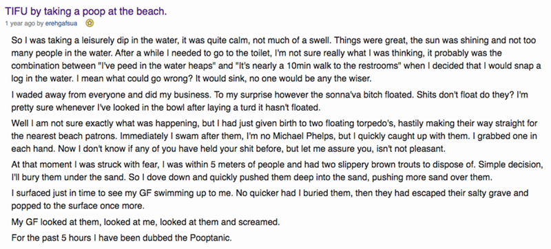 redditor tells story about pooping at the beach